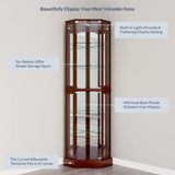 BELLEZE Lighted Corner Display Curio Cabinet Wooden Curved Shelving Unit with Tempered Glass Door, Bar and Liquor Storage Area with 6 Shelves - BELLEZE