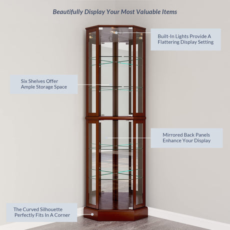 BELLEZE Lighted Corner Display Curio Cabinet Wooden Curved Shelving Unit with Tempered Glass Door, Bar and Liquor Storage Area with 6 Shelves - BELLEZE