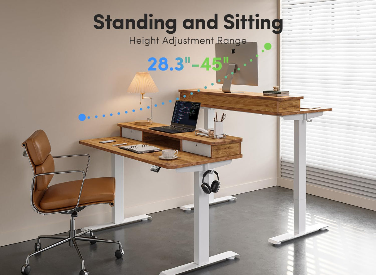 FEZIBO 48 x 24 Inch Height Adjustable Electric Standing Desk with Double Drawer, Stand Up Desk with Storage Shelf, Sit Stand Desk, Light Wood FEZIBO