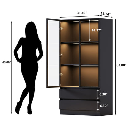 Wildhome Display Cabinet with Glass Doors,LED Lights Glass Display Case,Showcase for Collections, Curio Cabinets, Bookcase and Glass Display Cabinet (with 2 Drawers)