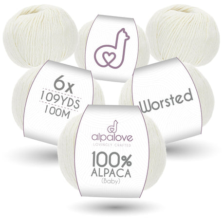 ALPALOVE Worsted Set (6 x 1.75 oz) Super Soft Baby Alpaca Knitting Yarn Ecru 656 Yards ALPALOVE