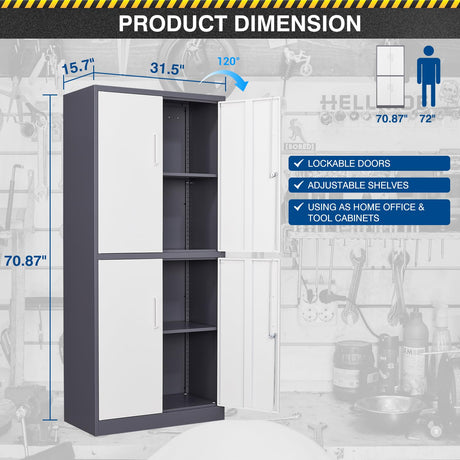Fesbos 71” Metal Storage Cabinet-Lockable File Cabinet Garage Tool Cabinet with Doors and Shelves-Gray&White Steel Cabinet for Garage-Heavy Duty File Cabinet for Home, Office, Gym, Kitchen, School Fesbos