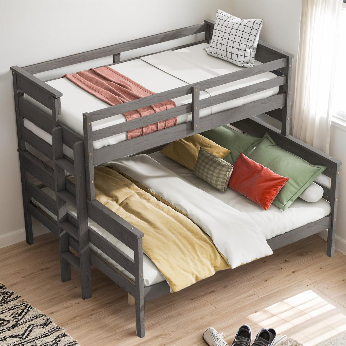 Twin XL over Queen Detachable Bunk Bed Frame - Sturdy Wooden Design with Ladder in Grey - WoodArtSupply