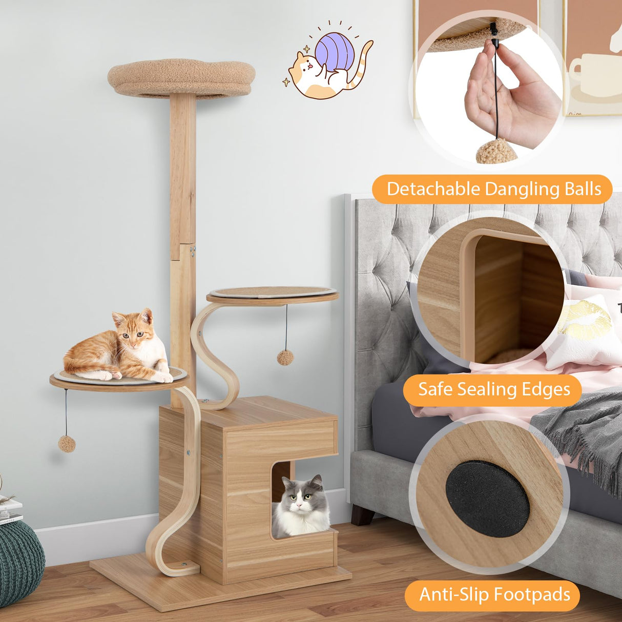 Tangkula Modern Cat Tree, 51 Inch Tall Cat Tower with Solid Wood Post, Curved Plywood Frame, Cat Condo, Perch, Washable Cushions, 4-Layer Cat Activity Center, Cat Tree for Indoor Cats Large Adult Tangkula