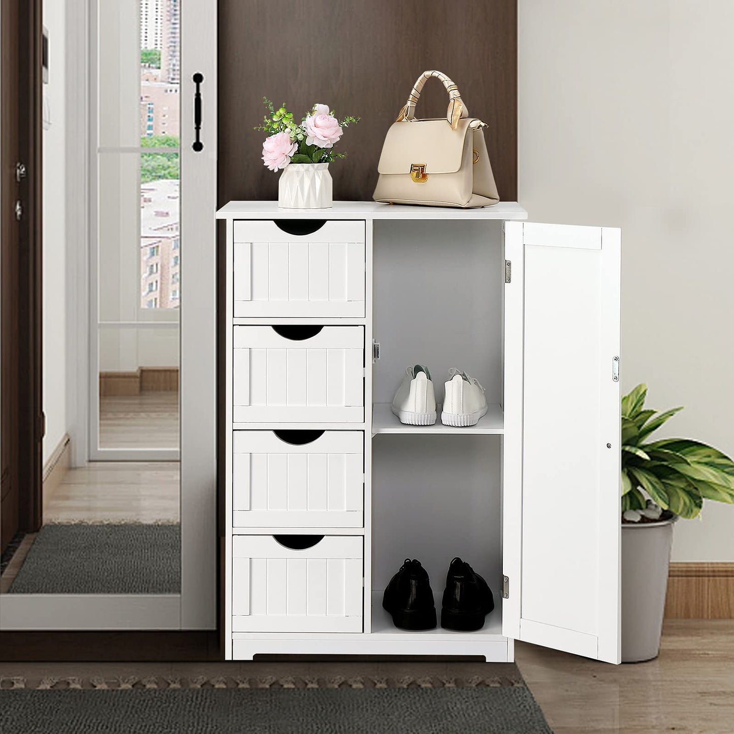 Bonnlo Compact White Wooden Bathroom Storage Cabinet with 4 Drawers and Cupboard - WoodArtSupply