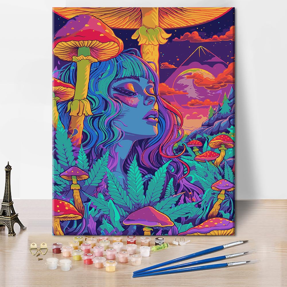Rebotipy Abstract Paint-by-Numbers Adults Mushroom World Paint by Numbers Kits DIY Mysterious Moon Girl Paint Numbers Gifts 16x20 in Fantasy Space Paint by Numbers Artwork for Lady Bedroom Decor Rebotipy