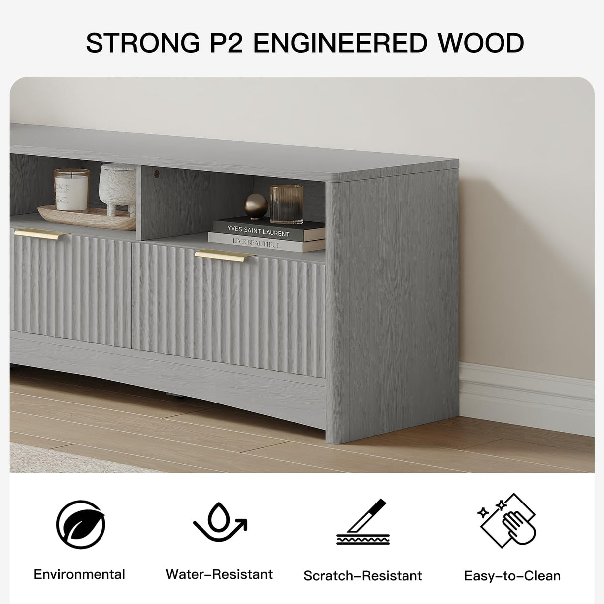 Amada TV Stand for 50-65" TV, Fluted Modern TV Stand Entertainment Center with Drawers and Open Shelf, Waveform Panel, Sleek Curved Profile Media TV Console Table for Living Room, Bedroom, Grey AMADA HOMEFURNISHING