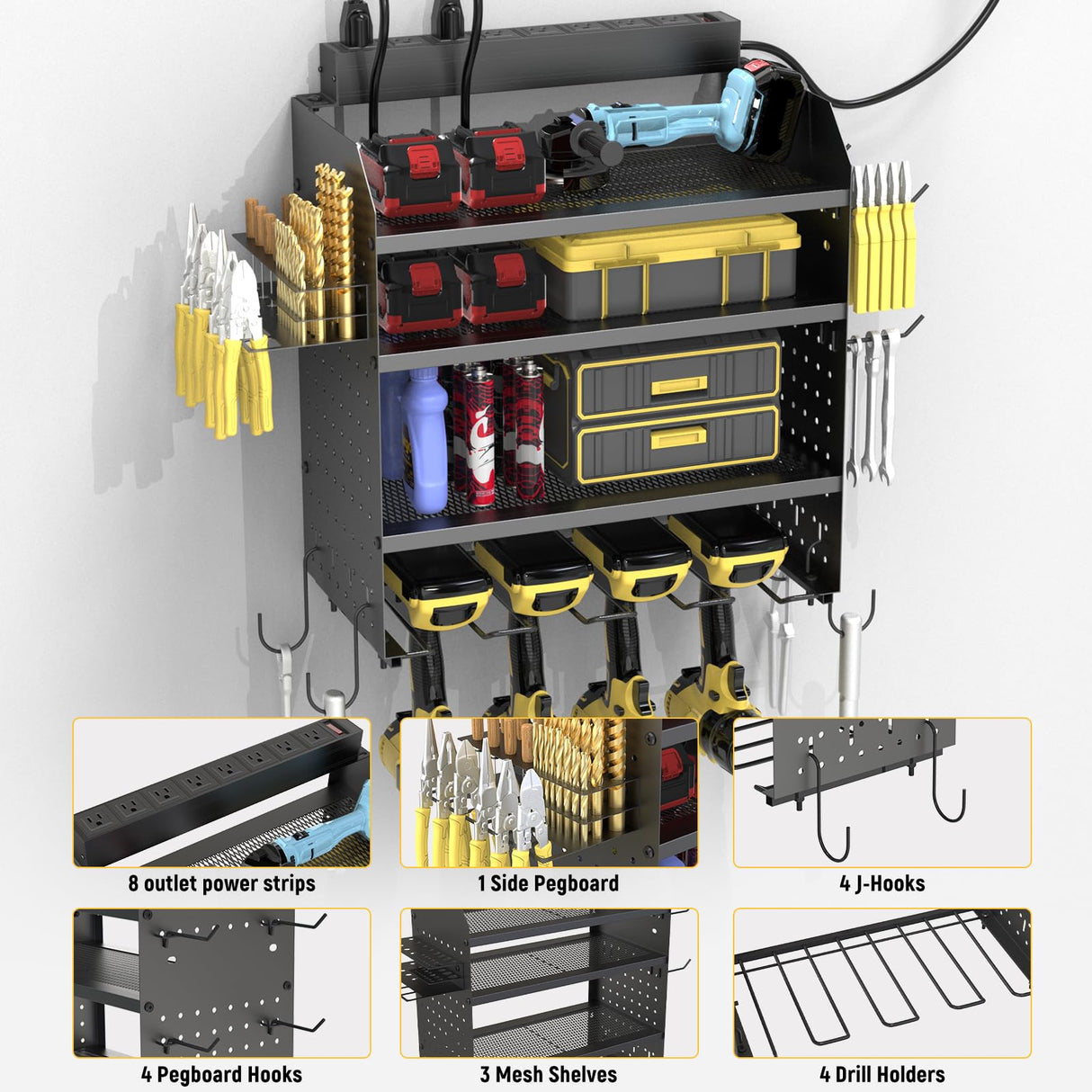 Drill Holder Wall Mount with 8-Outlet Charging Station, 190lbs Load 4 Layers Carbon Steel Heavy Duty Power Tool Organizer Wall Mount for Garage & Workshop, 4 Drill Holders, Modular Pegboard Rack OKKMAX