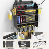 Drill Holder Wall Mount with 8-Outlet Charging Station, 190lbs Load 4 Layers Carbon Steel Heavy Duty Power Tool Organizer Wall Mount for Garage & Workshop, 4 Drill Holders, Modular Pegboard Rack OKKMAX