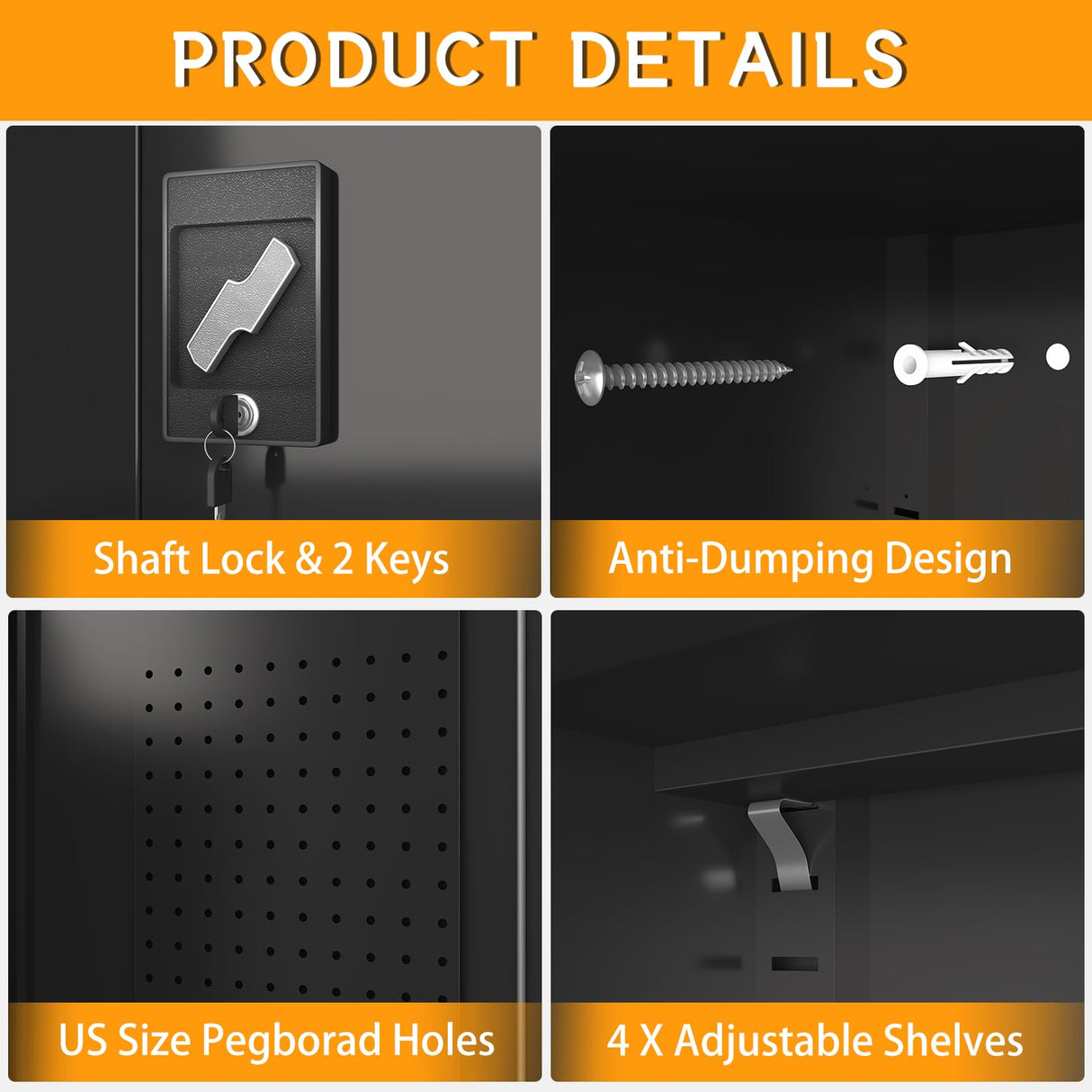 Upgraded Tall & Wide Metal Storage Cabinet with Doors & 4 Adjustable Shelves | Heavy-Duty Black Lockable Garage Cabinet with Wheels & Pegboard for Office, Gym, Basement, Warehouse (Black) basenji