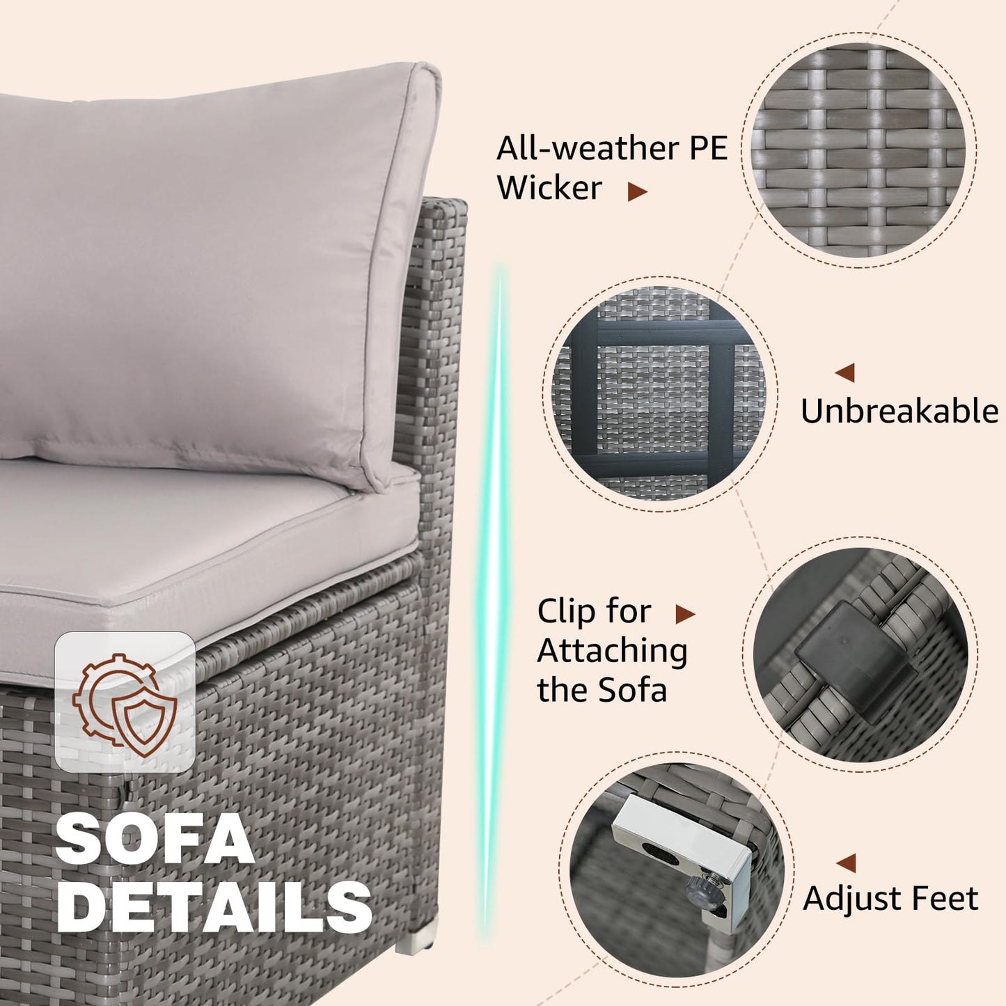 IJIALIFE 7 Pieces Patio Furniture Set, Modular Patio Set Wicker Outdoor Sectional Sofa Set PE Rattan Wicker Patio Conversation Set with Thickened Cushions and Coffee Table,Gray Wicker/Gray Cu - WoodArtSupply