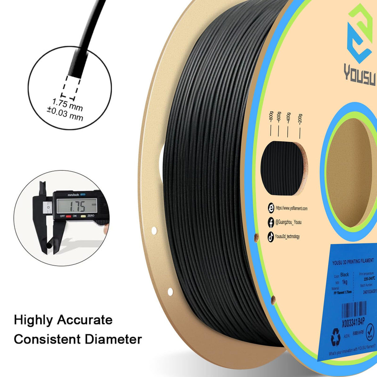 YOUSU Polypropylene PP Filament, 1.75mm 3D Printer Filament for 3D Printing, 1kg(2.2lbs) 5pcs Build Sheet Included, Semi-Flexible Ultra Tough Filament, Black Yousu