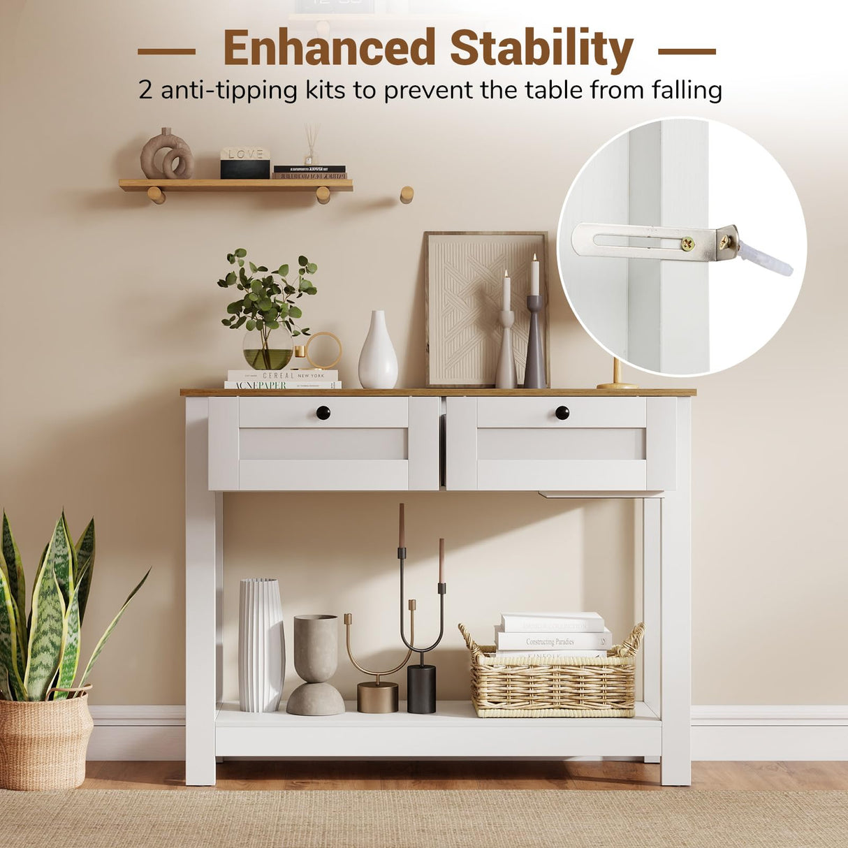 Giantex 42" Farmhouse Console Table with 2 Drawers, Modern Wood Entryway Table, Narrow Long Sofa Tables with Open Storage Shelf for Living Room, Hallway, Entrance, Foyer, Rustic Vintage, White & Brown Giantex