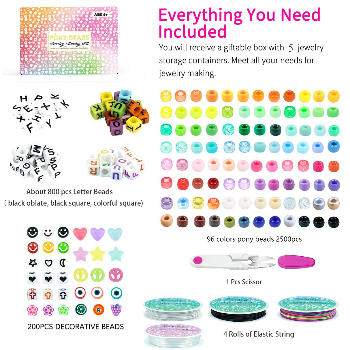 5 Boxes Bracelet Making Kit Pony Beads, 96 Colors 6x9mm Kandi Rave Beads for Bracelets Friendship Plastic Beads with 800Pcs Letter Bead DIY Arts and Crafts for Kids Adults Keychain Jewelry Making Sistenia