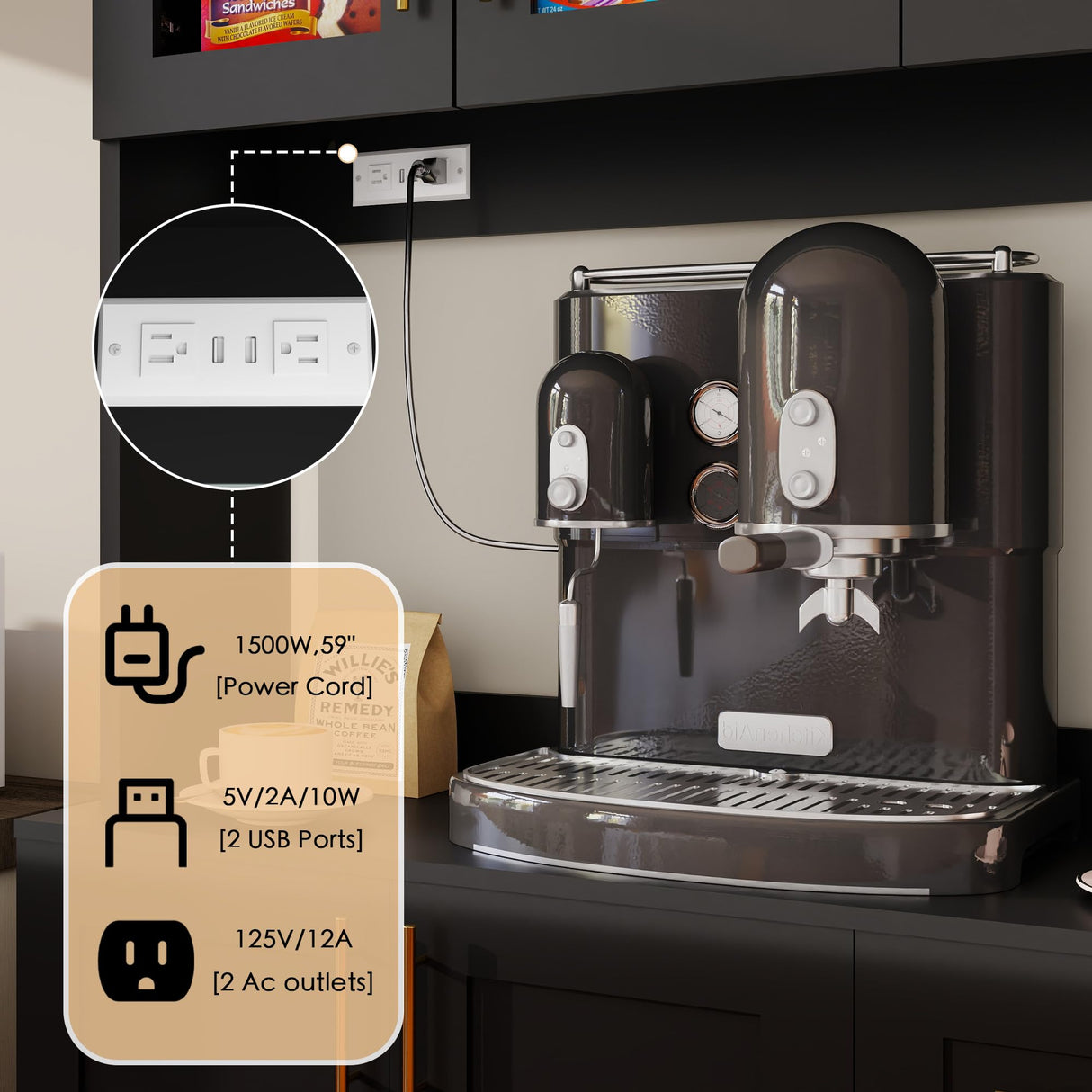 Vrmuxita Black Kitchen Pantry with Countertop: 71" Tall Kitchen Pantry Hutch Cabinet with Storage, Cabinet Hutch with Lights Outlets, Large Wood Food Cabinets (Black) Vrmuxita