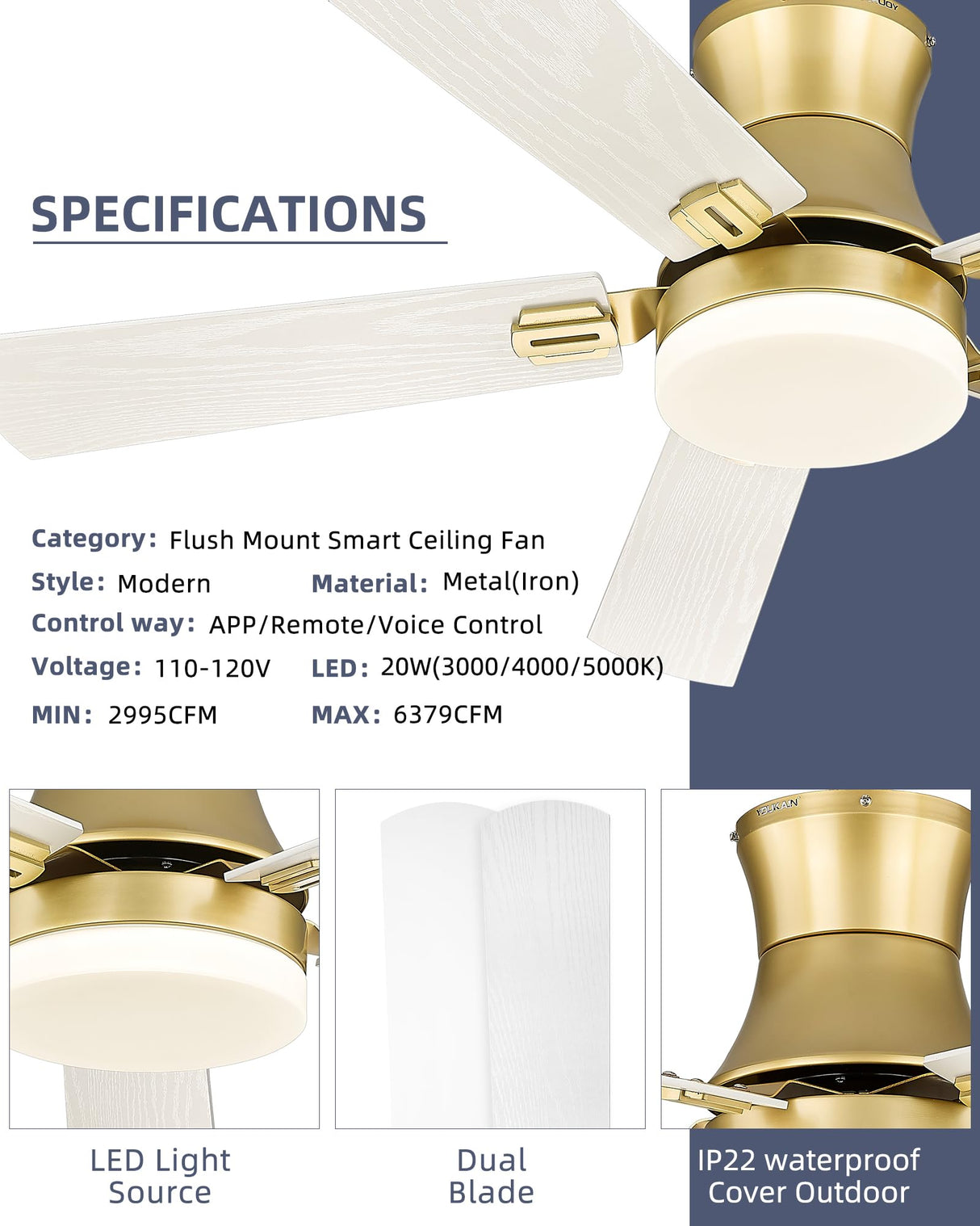 YOUKAIN Ceiling Fans with Lights, 52 inch Low Profile Ceiling fan with Remote Control and App Control, Flush Mount, Reversible, Dimmable, Gold Ceiling Fan for Bedroom, Indoor/Outdoor Use, 52-YJ865-GD YOUKAIN