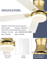 YOUKAIN Ceiling Fans with Lights, 52 inch Low Profile Ceiling fan with Remote Control and App Control, Flush Mount, Reversible, Dimmable, Gold Ceiling Fan for Bedroom, Indoor/Outdoor Use, 52-YJ865-GD YOUKAIN