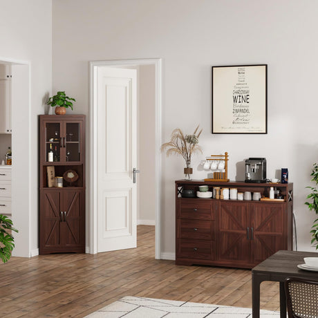 47" Dark Brown Farmhouse Storage Cabinet with Barn Doors and Drawers, Sideboard Buffet Cabinet with Storage, Kitchen Pantry Hutch, Coffee Bar Station Table for Kitchen, Living, Dining Room FiveWillowise