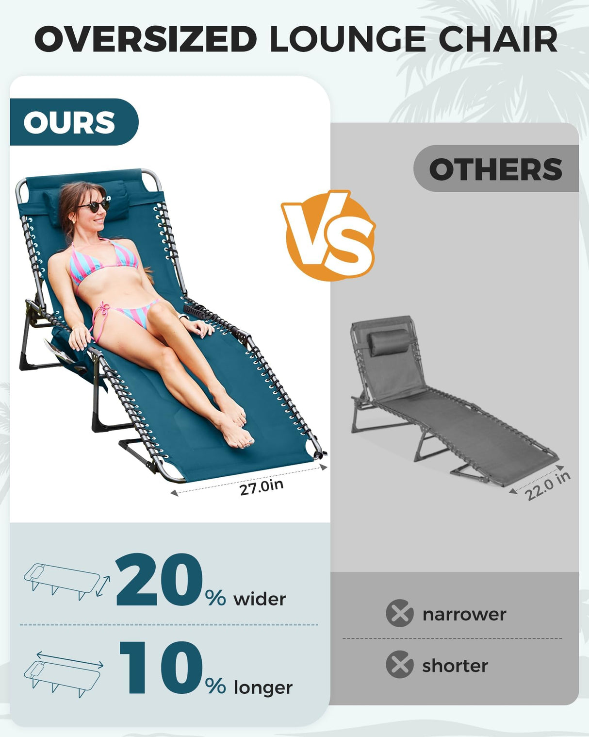 KingCamp Oversized Tanning Chair, Extra-Wide Padded Folding Chase Lounge Chairs Portable Adjustable 5-Position 400lbs Heavy Duty Lounger with Double-Layer Oxford for Outdoor Beach Patio Sun Pool KingCamp