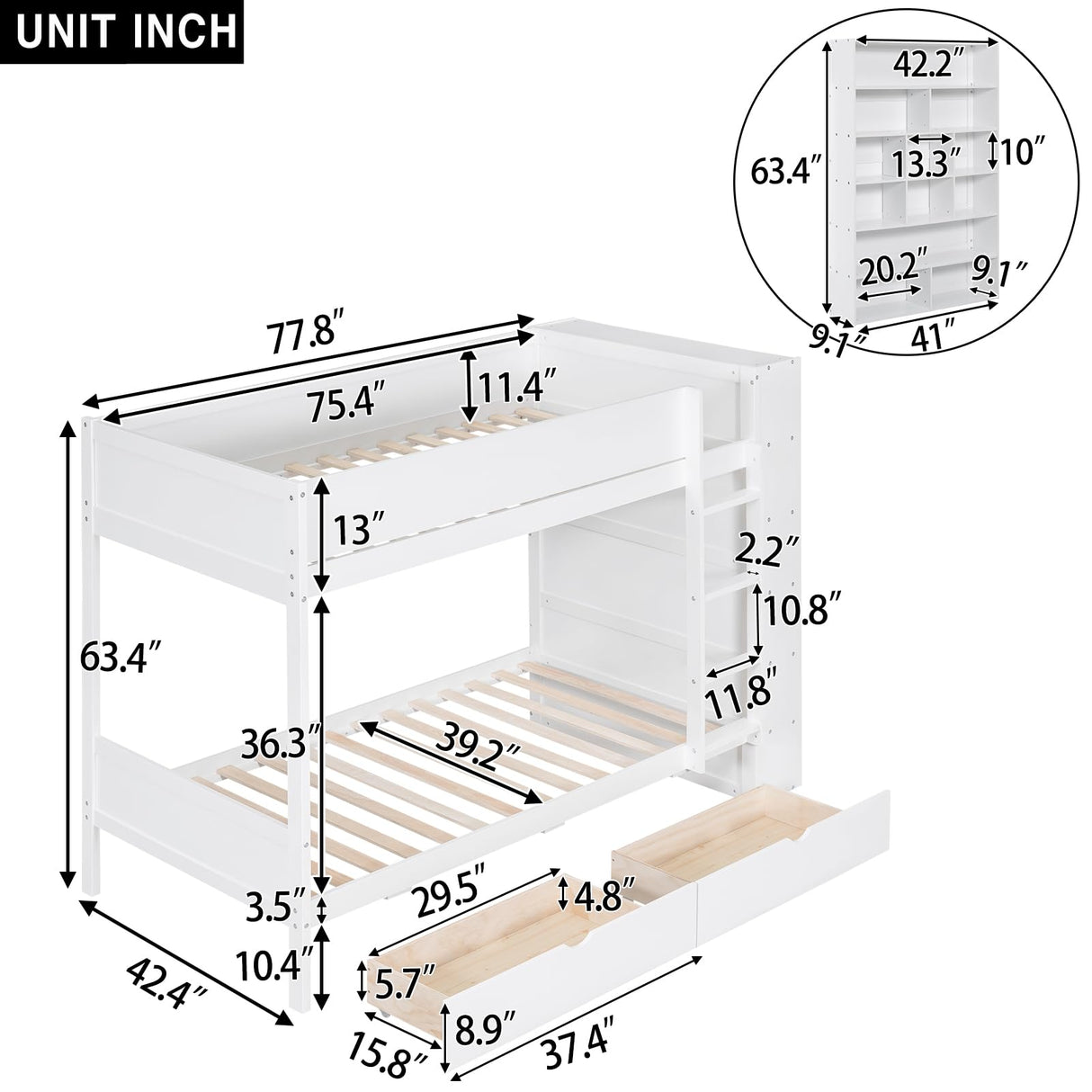 Twin Over Twin Bunk Bed with Bookcase, Wood Bunk Bed Frame with 2 Drawers and Multi-Layer Cabinet Storage Shelves, Bed with High Guardrails for Kids Teens(White, Twin) THINK 30