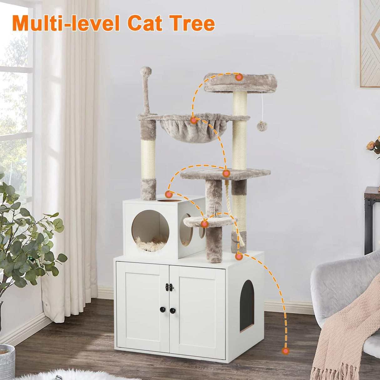 Timberer Cat Tree with Litter Box Enclosure, 2-in-1 Cat Tower for Indoor Cats, Large Cat Furniture, Wood Cat Condo with Basket, Scratching Posts, Pompoms, White Timberer