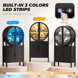 BROTTAR Rounded Kitchen Pantry, Bar Display Cabinet with LED Lights, 65" Tall Wine Storage Cabinet with Glass Doors & Shelves, Modern Liquor Cabinets for Dining Room, Kitchen, Living Room,Black BROTTAR