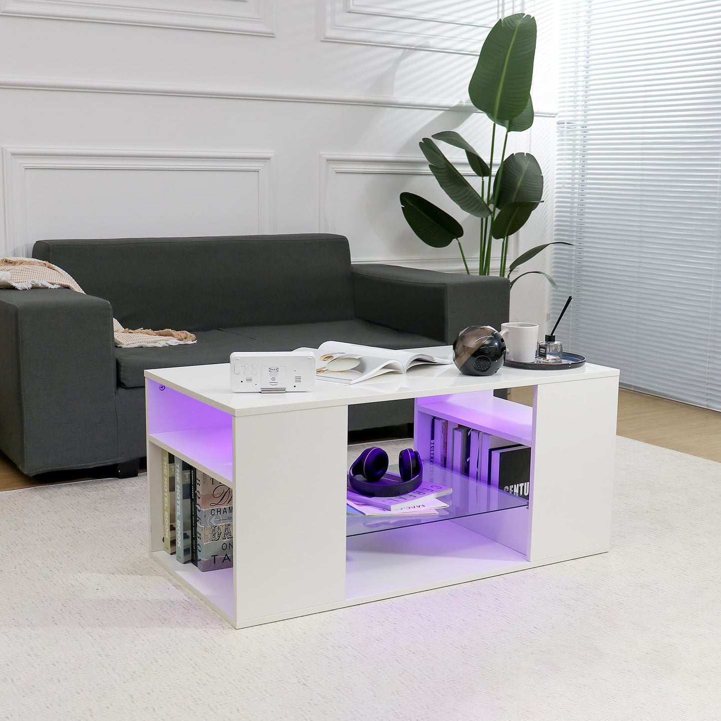 LED Coffee Tables for Living Room Modern Coffee Table White with 3 Shelves Open Glass Storage High Glossy Center Table Sofa Cocktail Table with LED Lights for Home Furniture - WoodArtSupply