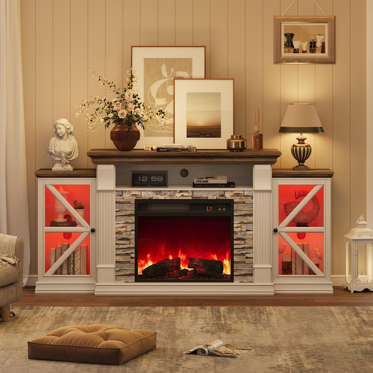 QUW Electric Fireplace TV Stand, 70" Farmhouse Entertainment Center with Open Shelf and Glass Barn Door Cabniet, Modern TV Console Table with 7 Flame Colors for Living Room, Antique White QUW