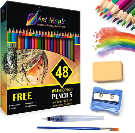 Art Magic Watercolor Pencils, Set of 48 Professional Colored Pencils for Adult and Teens, Premium Art Supplies for Coloring, Blending and Layering Art Magic