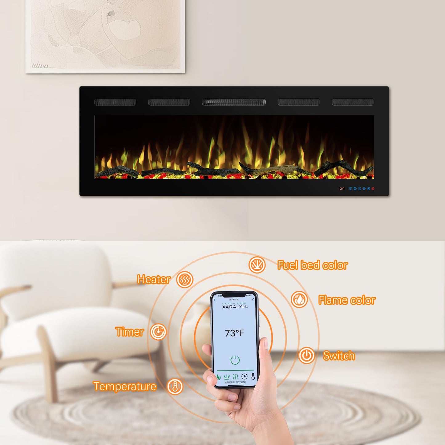 Kentsky 72" WiFi Electric Fireplace Inserts, Recessed and Wall Mounted Fireplace Heater W/Adjustable Flame Color & Brightness, Thermostat, 9H Timer, App and Remote Control, 750/1500W