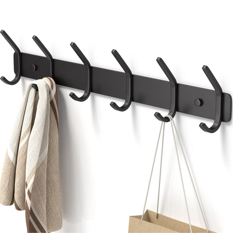 GWAAZXGZ Coat Rack Wall Mount Hooks - 15 Inch Black Hat Rack, Minimalist Design with 6 Hooks for Hanging Coats, Bags, and Towels in Entryway, Livingroom, Bedroom, Bathroom, and Kitchen, 1 Pack GWAAZXGZ