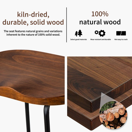 HeuGah Bar Stools, Solid Wood Barstools Set of 2, 26" Counter Height Bar Stools with Metal Leg, Rustic Backless Bar Stools for Kitchen Island, Bar Chairs with Solid Wood Saddle Seat (Walnut, 26 Inch) HeuGah