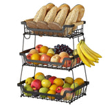 GILLAS 3 Tier Countertop Fruit Basket with 2 Banana Hangers for Kitchen, Detachable Metal Organizer for Bread Vegetable Fruits with Wooden Handle, Large Capacity Rectangular Storage Stand Bowls, Black GILLAS