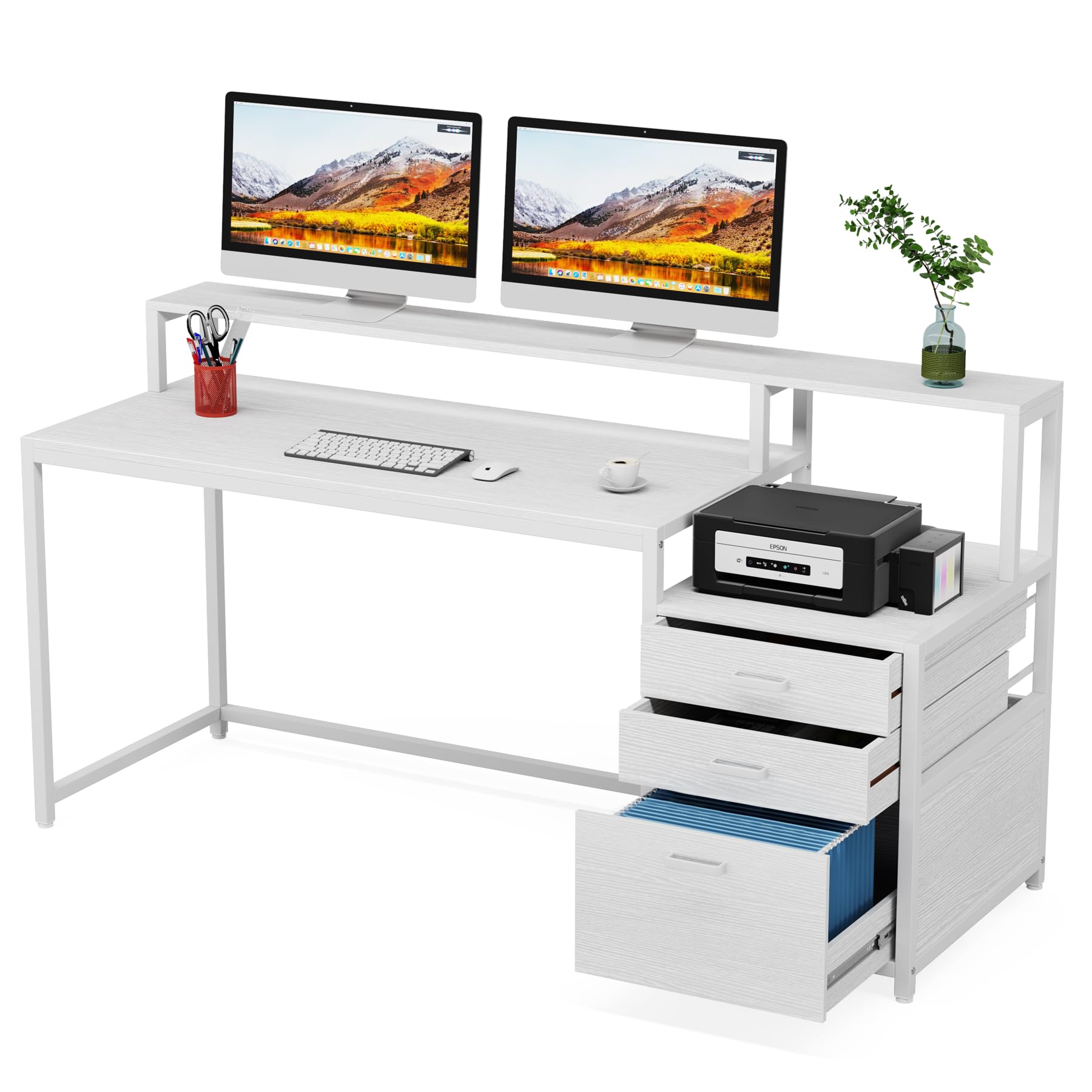 Tribesigns 63 Inch Computer Desk with File Drawer Cabinet, Ergonomic Office Desk with Monitor Stand, Computer Table with Printer Space, Wood PC Table Workstation Desk for Home Office, White - WoodArtSupply