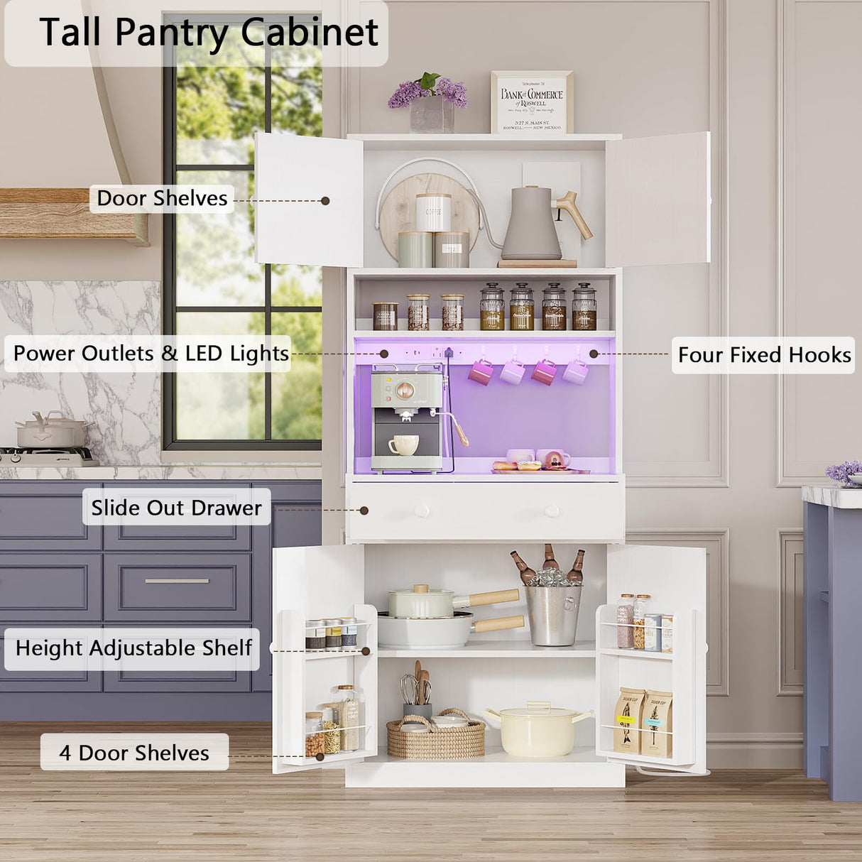 Pantry Cabinet with Power Outlet & LED Light, Tall 71 inch Kitchen Storage Shelves with Drawer, Coffee Bar Table with Doors & Adjustable Shelves, Freestanding Cupboard Bakers Rack with Hutch, White Korfile