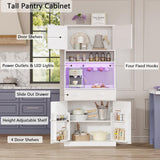 Pantry Cabinet with Power Outlet & LED Light, Tall 71 inch Kitchen Storage Shelves with Drawer, Coffee Bar Table with Doors & Adjustable Shelves, Freestanding Cupboard Bakers Rack with Hutch, White Korfile