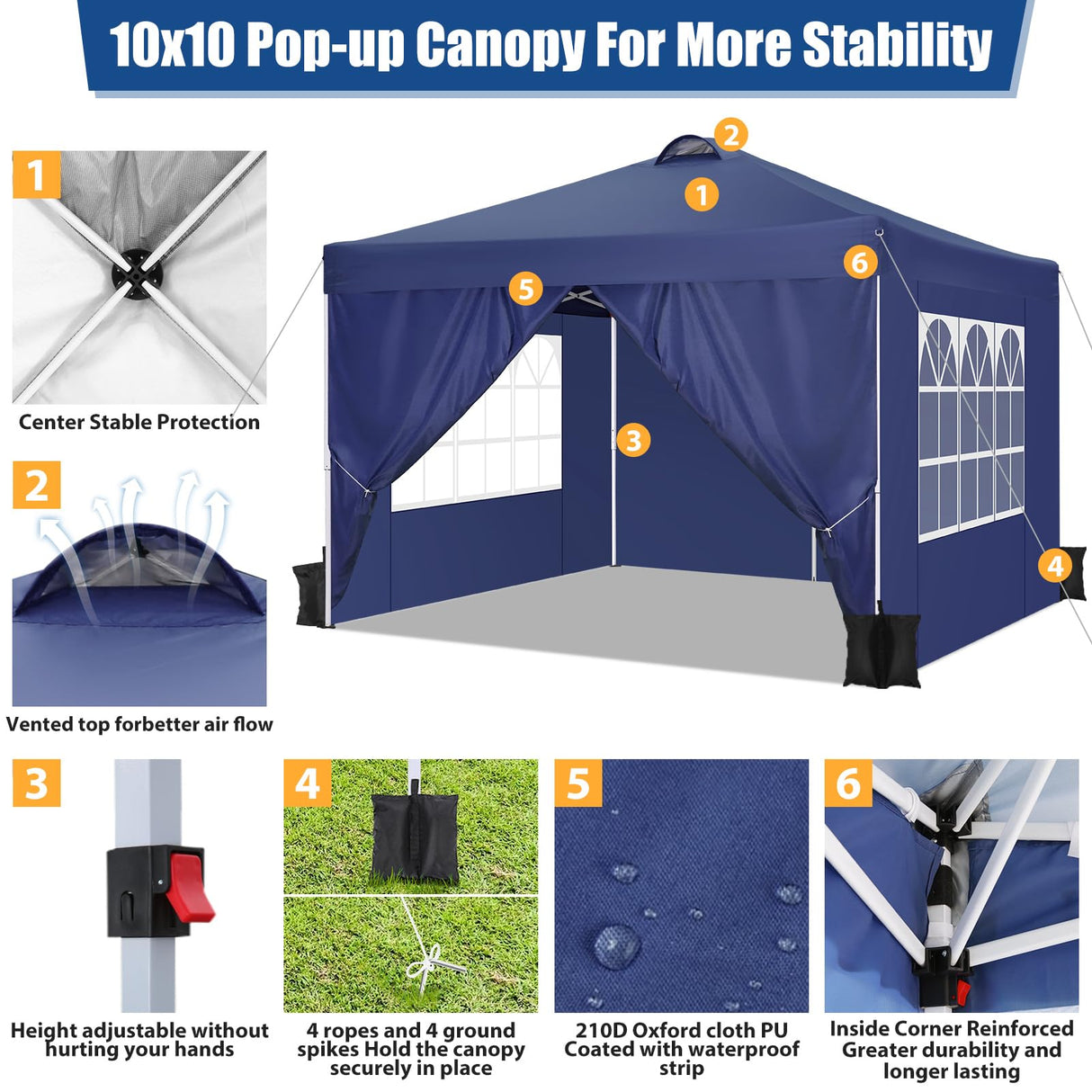 COBIZI 10x10 Pop Up Canopy Tent with 4 Sidewalls, UPF 50+Waterproof Outdoor Canopy with Air Vent, Instant Portable Camping Canopies Gazebo for Commercial Sun Shade Party, 4 Sandbags(Dark Blue) COBIZI