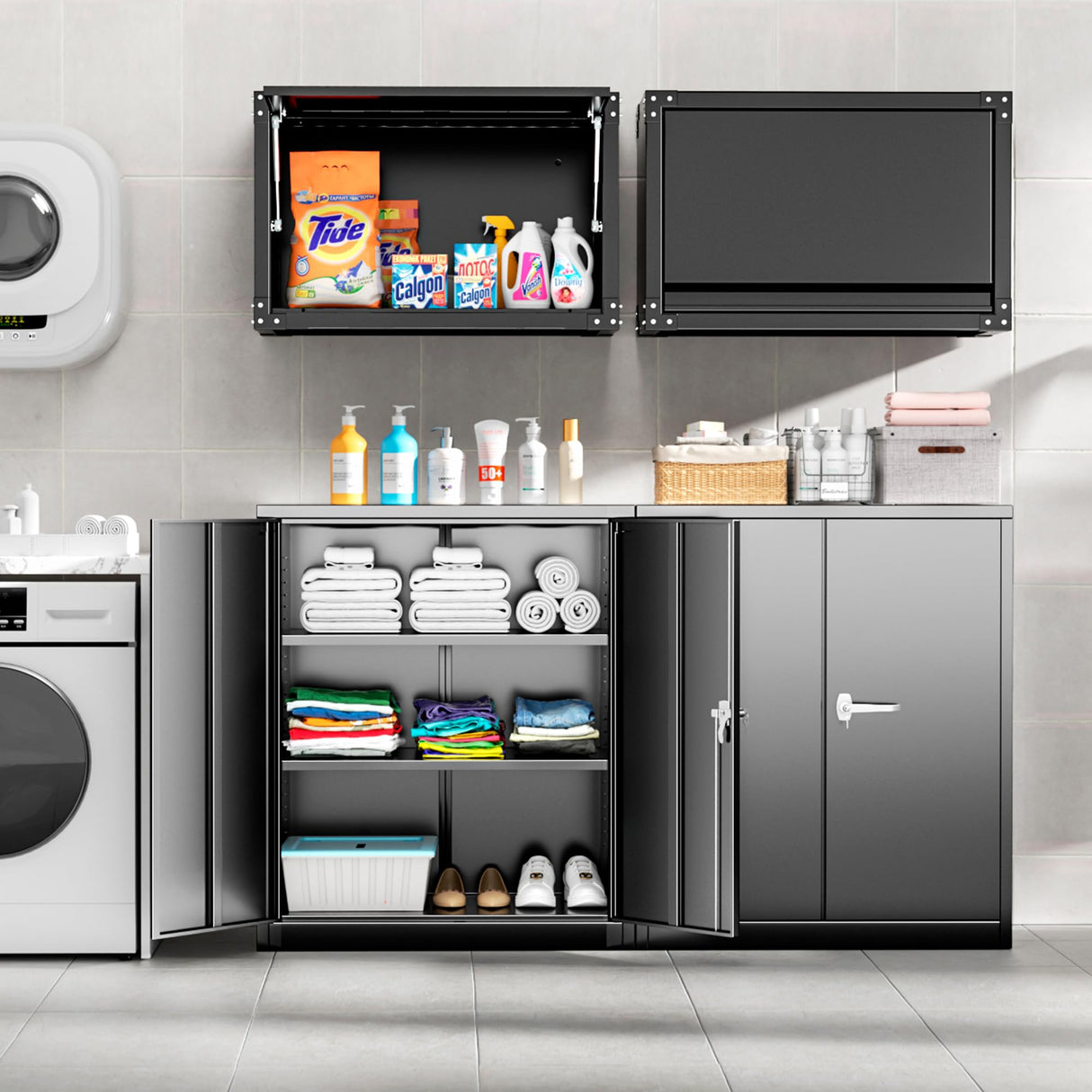 INTERGREAT Metal Cabinet with Lock, Lockable Metal Storage Cabinets with Doors and Shelves for Garage, Black Locking Garage Storage Cabinets 42"×36"×18" INTERGREAT