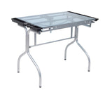 Studio Designs Folding Modern Glass Top Adjustable Drafting Table Craft Table Drawing Desk Hobby Table Writing Desk Studio Desk, 35.25" W x 23.75" D, Silver / Blue Glass SD STUDIO DESIGNS