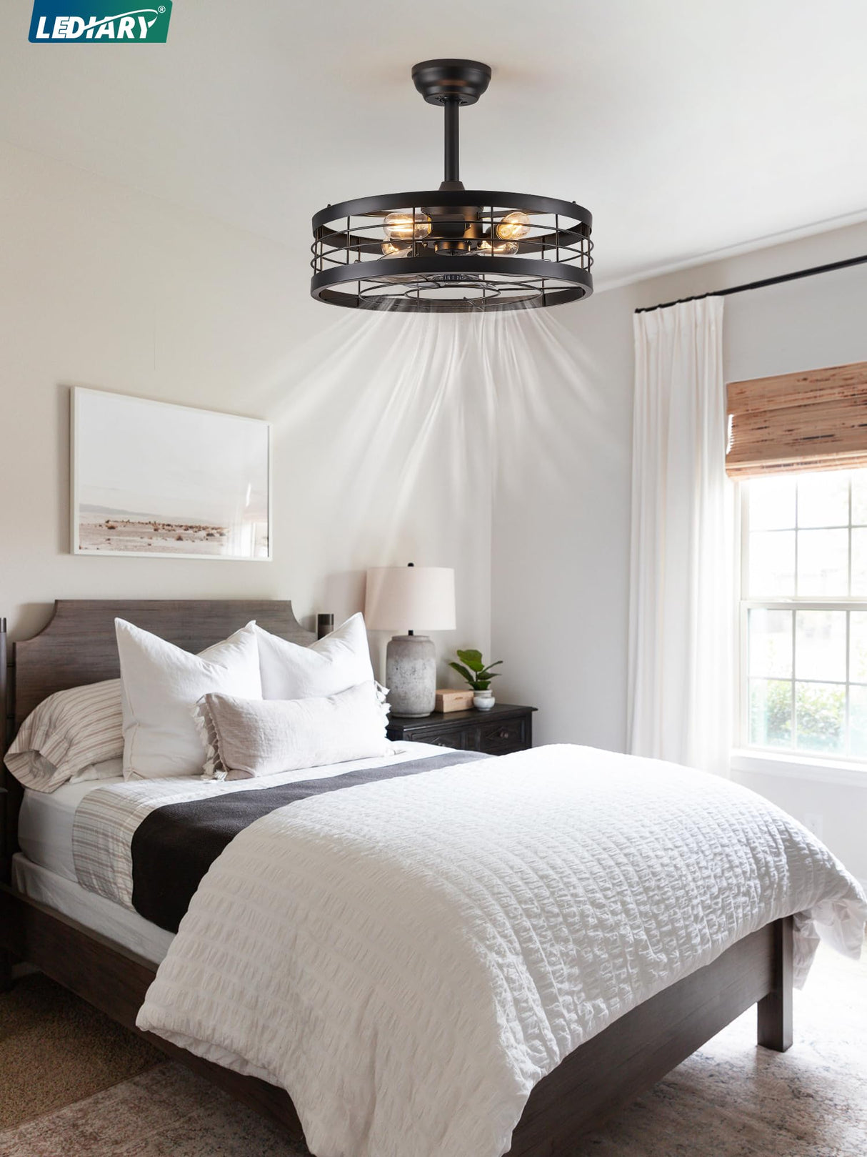 LEDIARY 20 inch Fandelier Caged Ceiling Fan with Light, Bladeless Ceiling Fan with Remote, Farmhouse Fan Lights Ceiling Fixtures for Kitchen, Bedroom, Outdoor(6 Speed, Timing)-Black LEDIARY