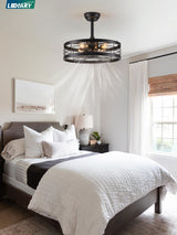 LEDIARY 20 inch Fandelier Caged Ceiling Fan with Light, Bladeless Ceiling Fan with Remote, Farmhouse Fan Lights Ceiling Fixtures for Kitchen, Bedroom, Outdoor(6 Speed, Timing)-Black LEDIARY