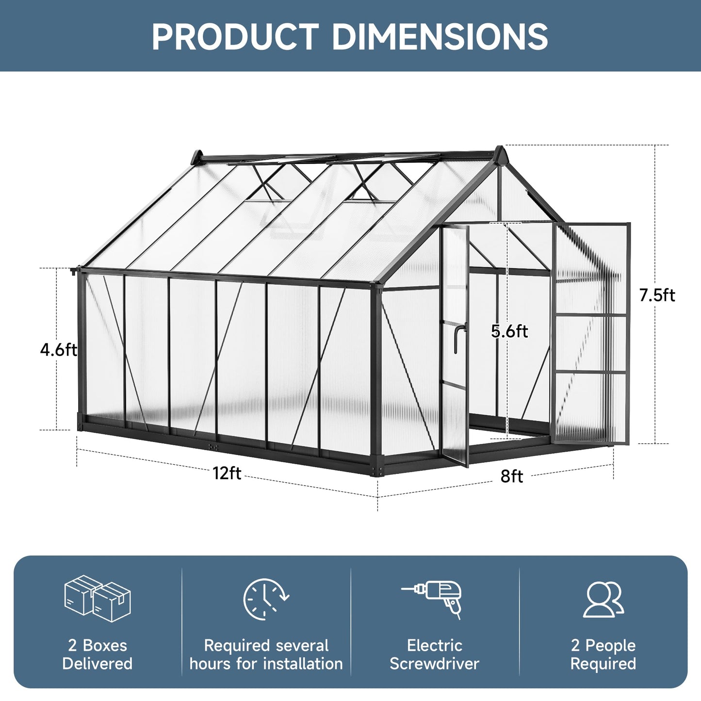 ANYAGREE 8' x 12' Thicked Polycarbonate Greenhouse, Greenhouse with Double Flush Door, Rain Gutter and Ventilation Window, Green House for Sunroom, Garden, Backyard, Walk-in Large Winter Greenhouse