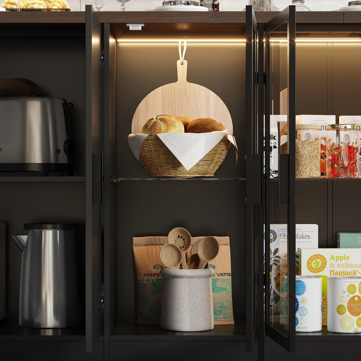 TAMUNE 77” Kitchen Island with Glass Doors and Light, Large Kitchen Storage Island with Drawers and Shelves, for Home Bar Black and Brown 30.3”D x 77.6”W x 36.6”H TAMUNE