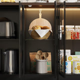 TAMUNE 77” Kitchen Island with Glass Doors and Light, Large Kitchen Storage Island with Drawers and Shelves, for Home Bar Black and Brown 30.3”D x 77.6”W x 36.6”H TAMUNE