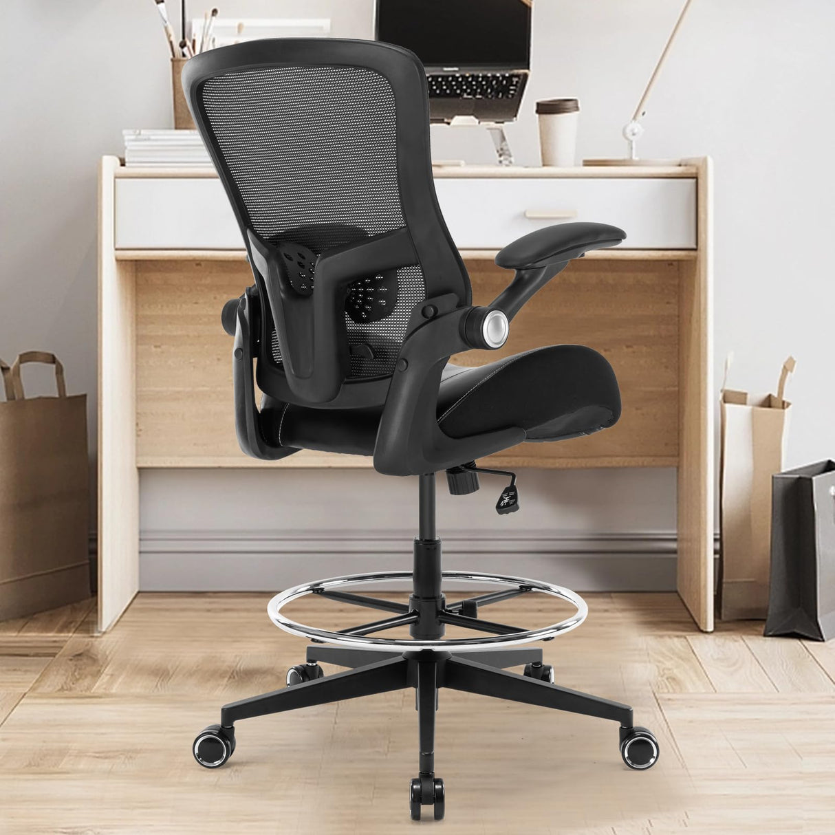 HOMIFYCO Drafting Chair, Tall Office Chair with Flip-up Armrests, Standing Desk Chair Counter Height Office Chairs with Footrest and Adjustable Lumbar Support Black HOMIFYCO