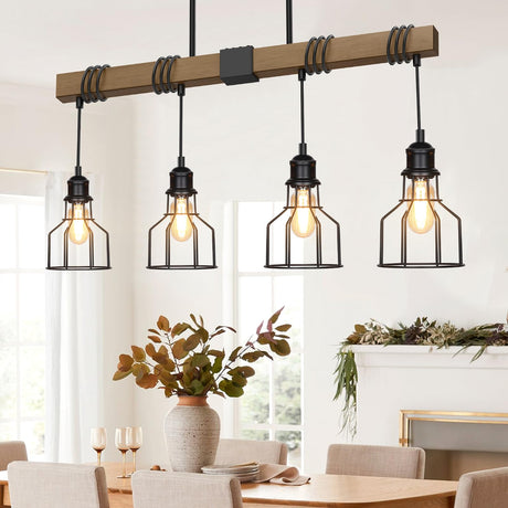 4-Light Kitchen Island Lighting, 63" Adjustable Height Pendant Light Fixtures Black Metal & Rustic Wood Modern Dining Room Chandelier Over Table with E26 Base for Farmhouse Bar SIAFAVOI