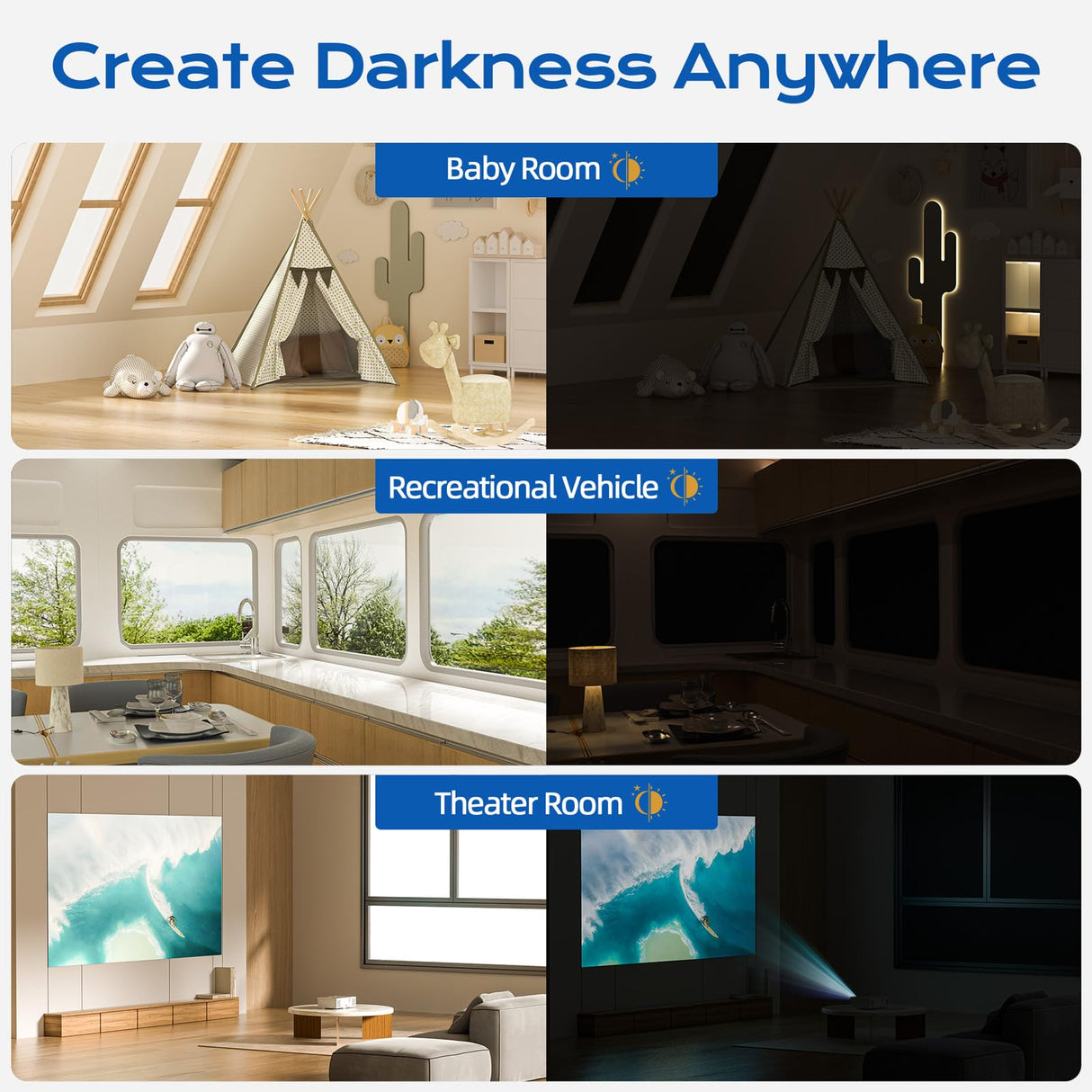 Blackout Curtains for Bedroom, 39" x 58" Portable Black Out Blinds with 20 Sets Hook & Loop Strips for 100% Blackout Window Film, Temporary Black-out Shades for Windows Cover Nursery Travel RV- Blacks Tlany