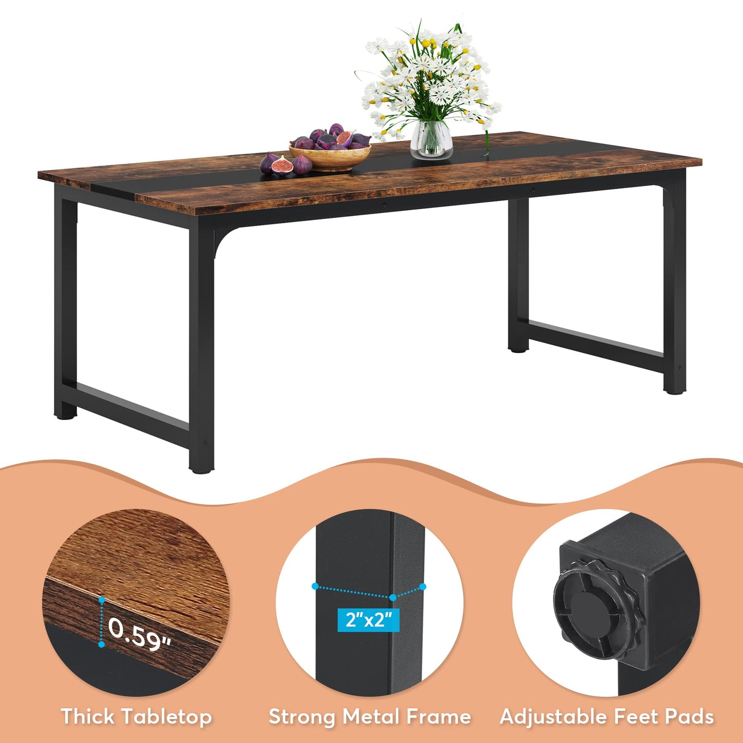 Little TREE70.9 Inch Large Dining Table Rectangular Kitchen Furniture for 6 to 8 People, Brown+Black - WoodArtSupply