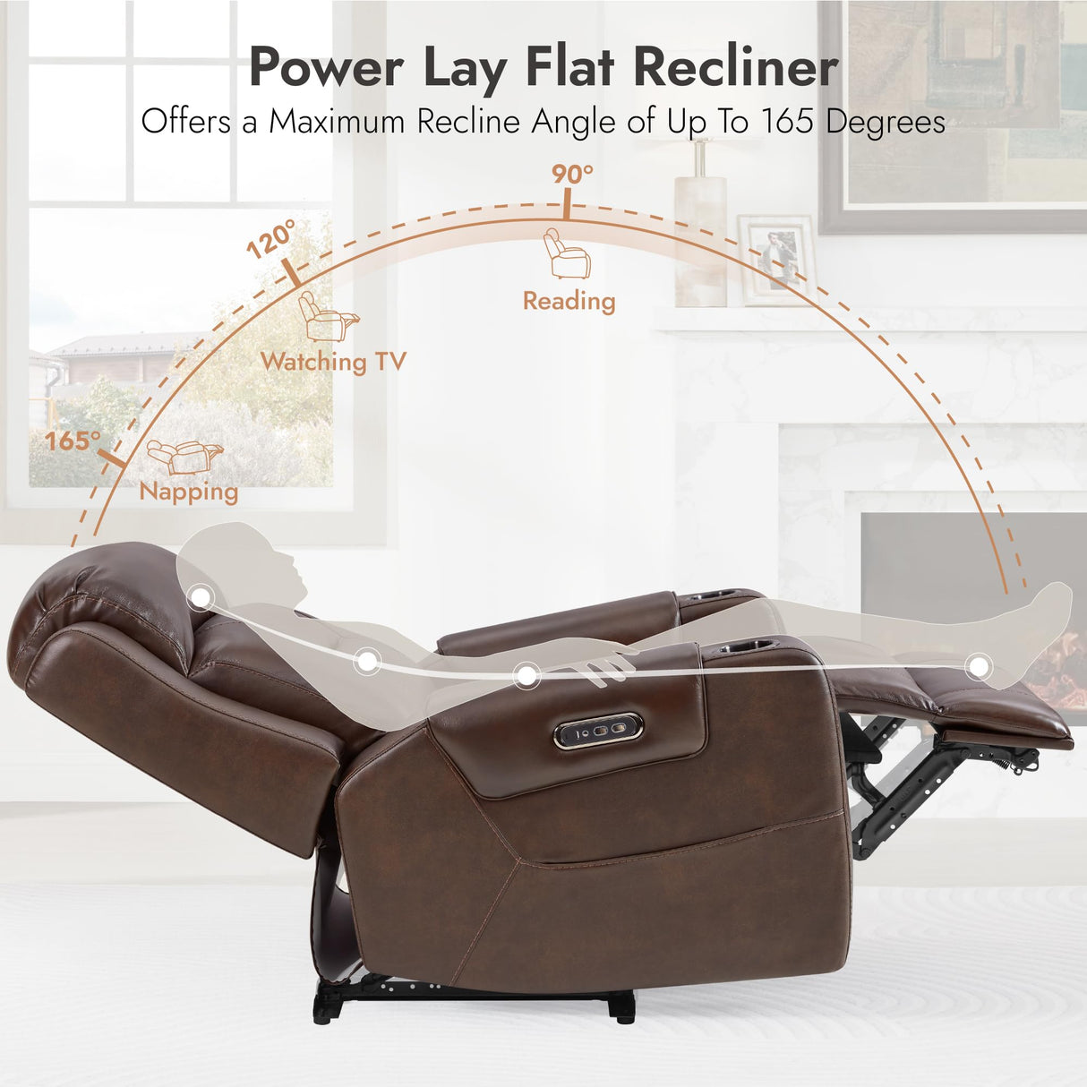 Watson & Whitely Genuine Leather Power Recliner Chairs for Adults, Lay Flat Recliner with Power Headrest, USB Ports and Cup Holders, Electric Reclining Sofa for Living Room, Bedroom, Dark Brown Watson & Whitely