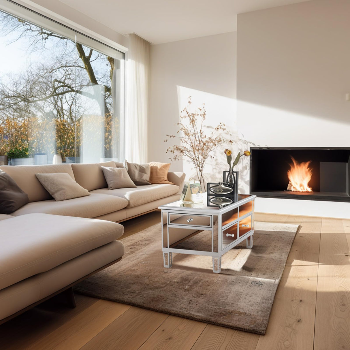 VINGLI Mirrored Lift Top Coffee Table, Assembled Modern Coffee Table with Drawers for Living Room (Silver, 35'' x 19'' x 18'') VINGLI